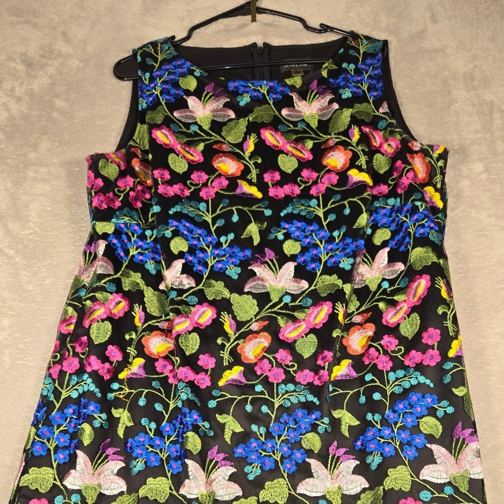 Tahari Arthur S Levine Floral Embroidered Mesh Shift Dress Black Multi 16W